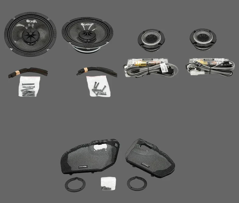 Cicada Audio 24CXK65.2RG component speaker kit with 2-ohm 6.5-inch mid-bass speakers, horn tweeters, crossovers and grilles for 2024+ Harley-Davidson Road Glide
