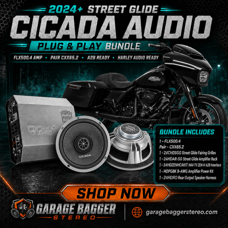 Cicada Audio 24FLXCXX-4X2SG 500-watt audio system with two 2-ohm Pro Coaxial speakers for 2024 and newer Harley-Davidson Street Glide