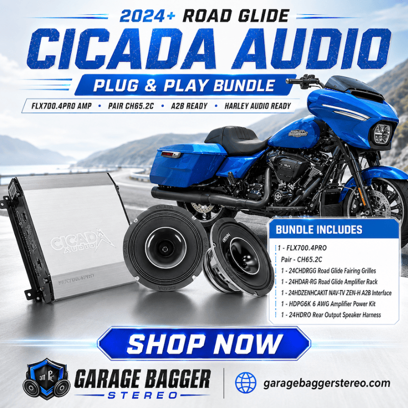 Cicada Audio 24FLXPCH-4X2RG DSP plug-and-play audio bundle with FLX700.4PRO amplifier and CH65.2C speakers for 2024 and newer Harley-Davidson Road Glide