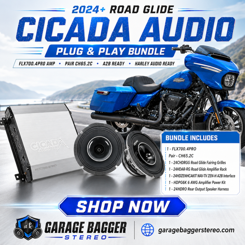Cicada Audio 24FLXPCH-4X2RG DSP plug-and-play audio bundle with FLX700.4PRO amplifier and CH65.2C speakers for 2024 and newer Harley-Davidson Road Glide