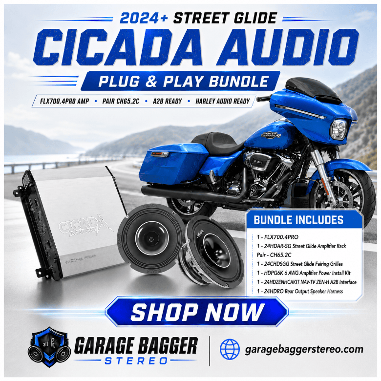 Cicada Audio 24FLXPCH-4X2SG DSP plug-and-play audio bundle with FLX700.4PRO amplifier and CH65.2C speakers for 2024 and newer Harley-Davidson Street Glide