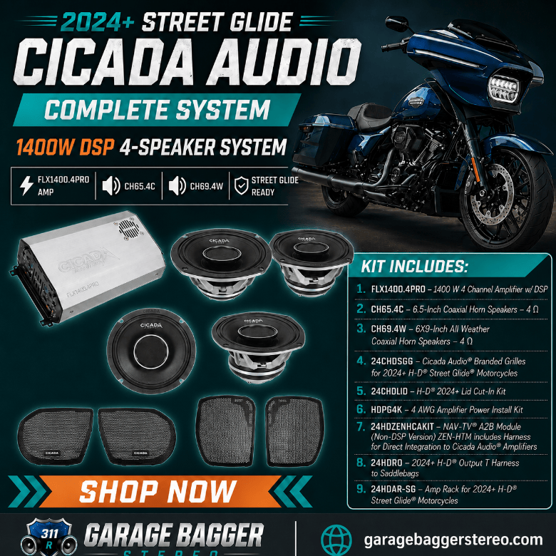 Cicada Audio 24FLXPCH-4X4SG 1400-watt DSP four-speaker system with FLX1400.4PRO amplifier, CH65.4C and CH69.4W speakers for 2024 and newer Harley-Davidson Street Glide