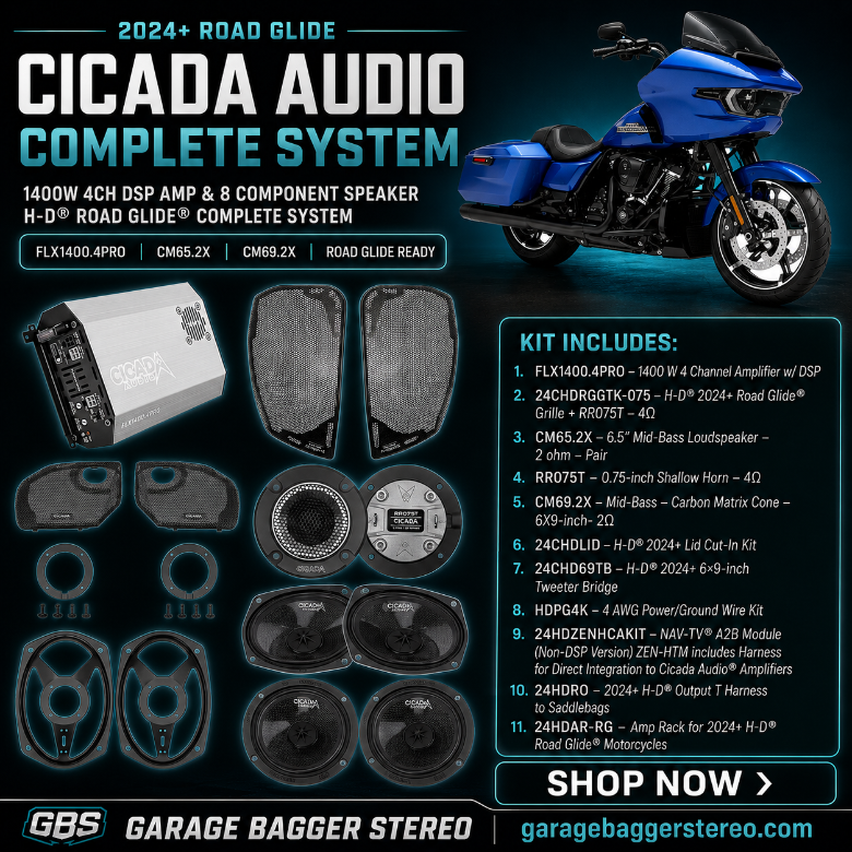 Cicada Audio 24FLXPCM-4X8RG 1400-watt DSP eight-speaker component system with FLX1400.4PRO amplifier, fairing speakers and saddlebag lid speakers for 2024 and newer Harley-Davidson Road Glide
