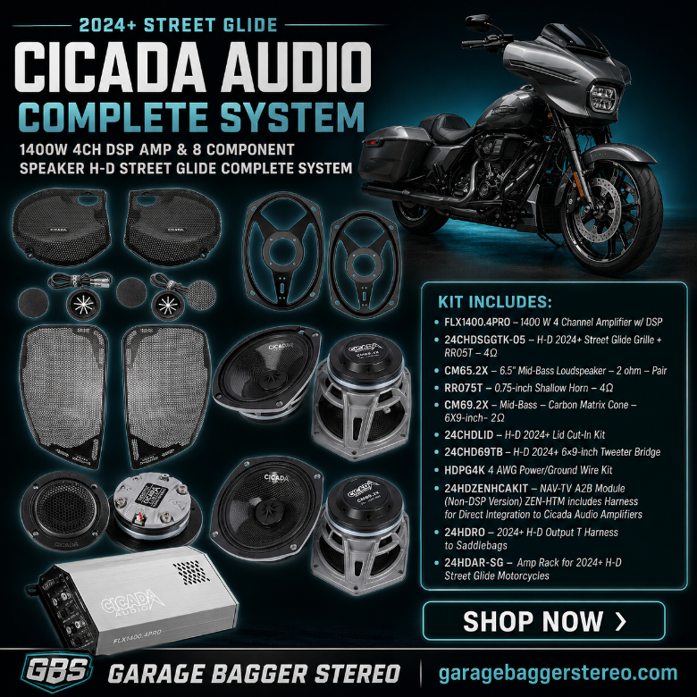 Cicada Audio 24FLXPCM-4X8SG 1400-watt DSP eight-speaker system with FLX1400.4PRO amplifier, component speakers and saddlebag lid hardware for 2024 and newer Harley-Davidson Street Glide