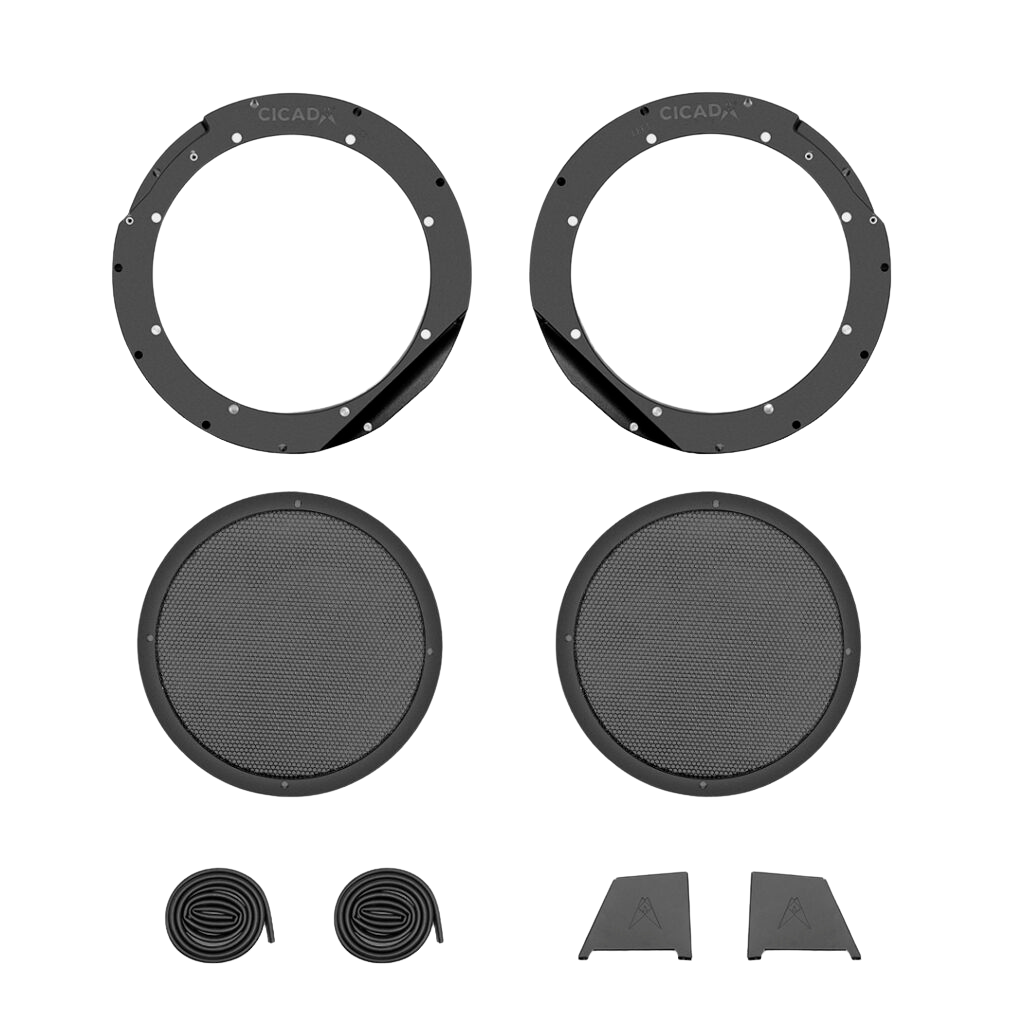 Cicada Audio 24HDRING 8-inch or 10-inch mid-bass mounting rings and grilles for 2024 and newer Harley-Davidson saddlebags
