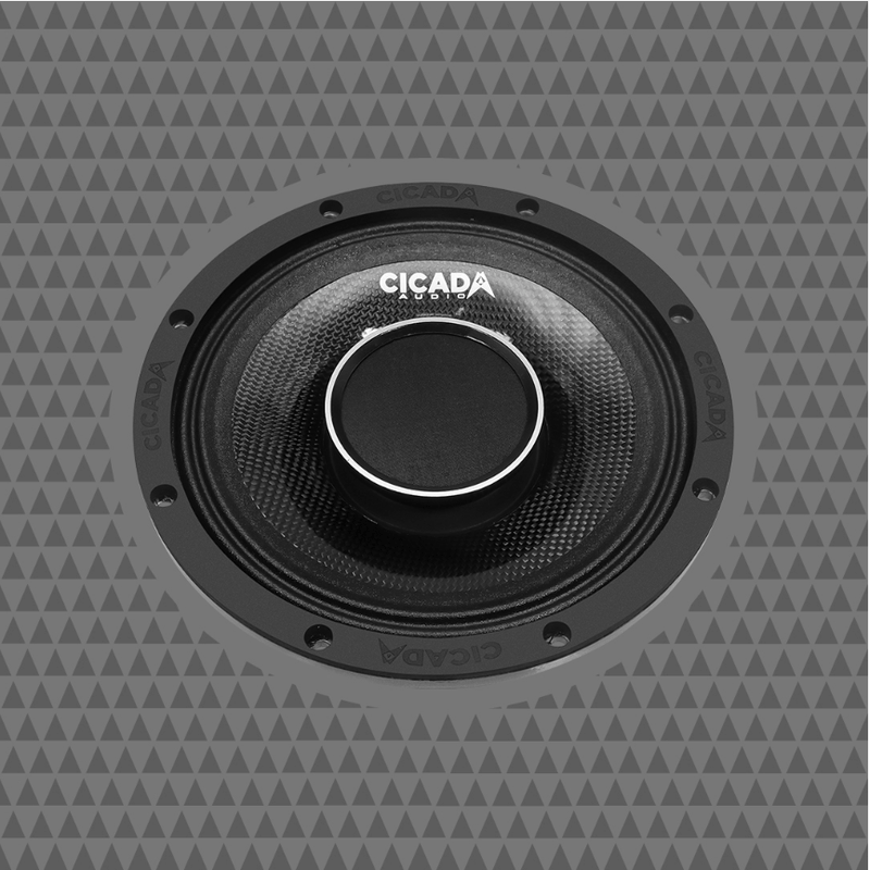 Front view of Cicada Audio CHX8 8 inch pro coaxial horn speaker with carbon cone detail