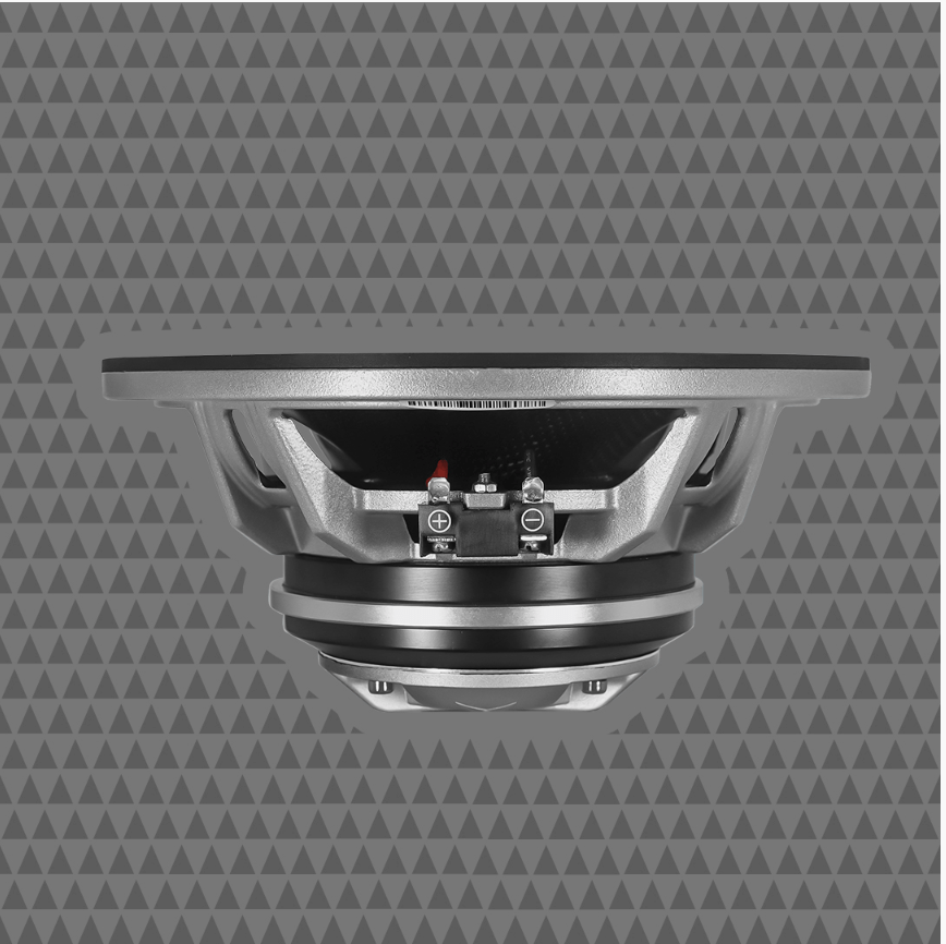 Side profile of Cicada Audio CHX8 8 inch pro coaxial horn speaker showing mounting depth for motorcycle audio installation