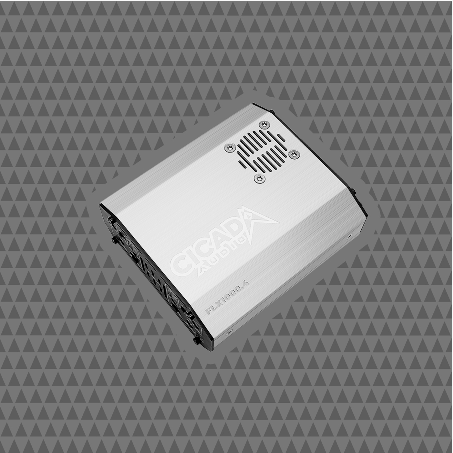 Angled view of Cicada Audio FLX1400.4 motorcycle amplifier for Harley audio upgrades