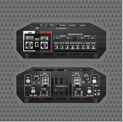 Cicada Audio FLX1400.4 amplifier controls and terminals detail for motorcycle audio installation