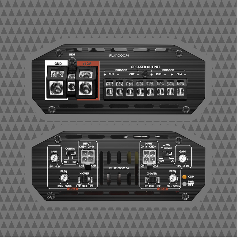 Cicada Audio FLX1400.4 amplifier controls and terminals detail for motorcycle audio installation