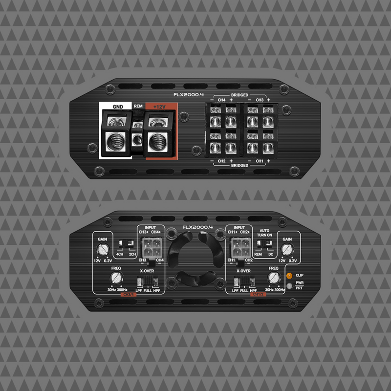 Cicada Audio FLX2000.4 amplifier input output controls for motorcycle audio system tuning