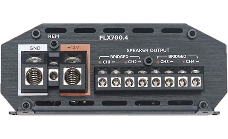 Cicada Audio FLX700.4 amplifier controls and terminals detail for Harley motorcycle audio installation