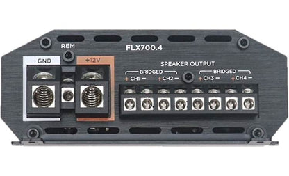Cicada Audio FLX700.4 amplifier controls and terminals detail for Harley motorcycle audio installation