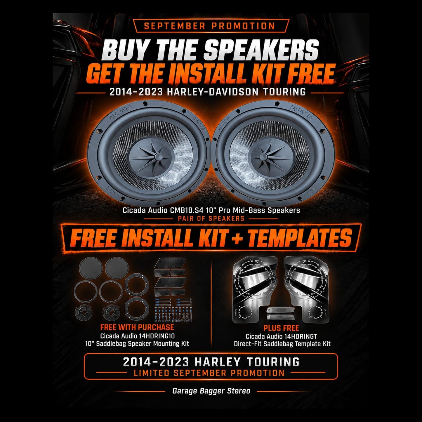 Cicada Audio CMB10.S4 10-inch mid-bass September promotion with free 14HDRING10 saddlebag mounting kit and 14HDRINGT templates for 2014-2023 Harley Touring