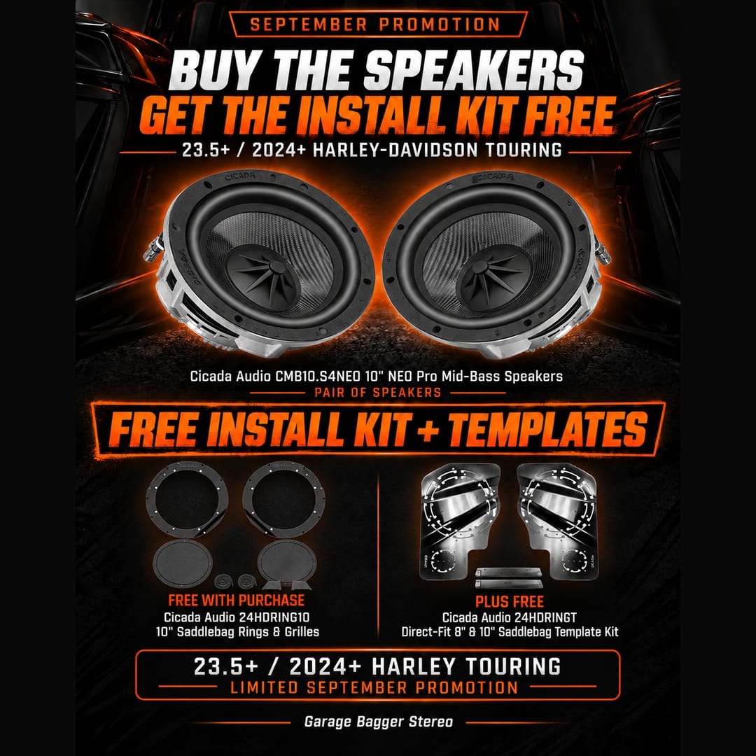 Cicada Audio CMB10.S4NEO 10-inch NEO mid-bass September promotion with free 24HDRING10 saddlebag mounting kit and 24HDRINGT templates for 23.5+ Harley Touring