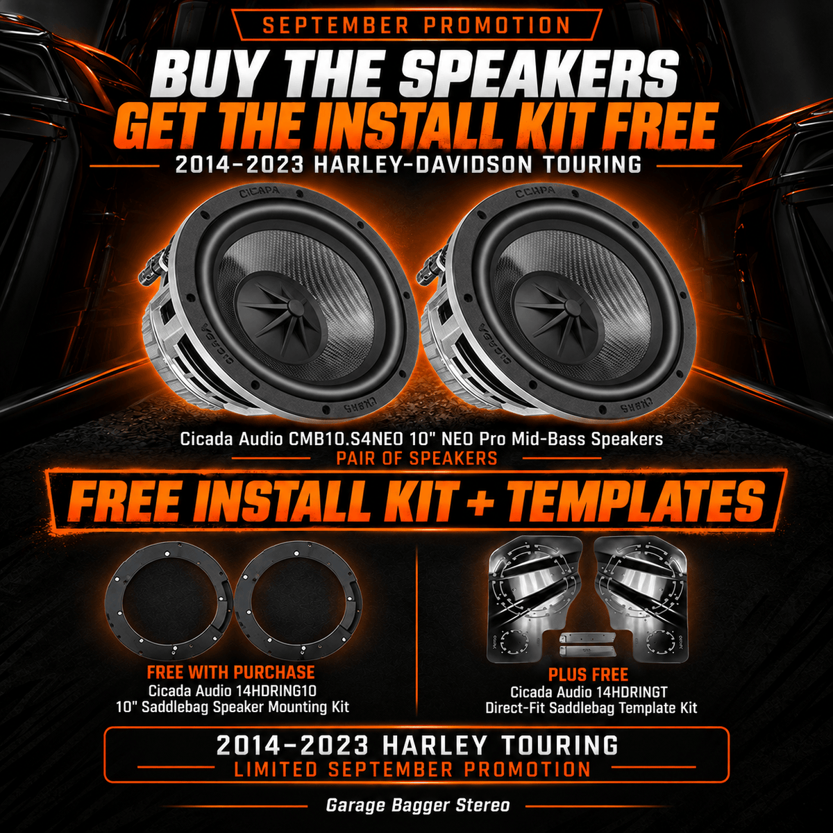 Cicada Audio CMB10.S4NEO 10-inch NEO mid-bass September promotion with free 14HDRING10 saddlebag mounting kit and 14HDRINGT templates for 2014-2023 Harley Touring