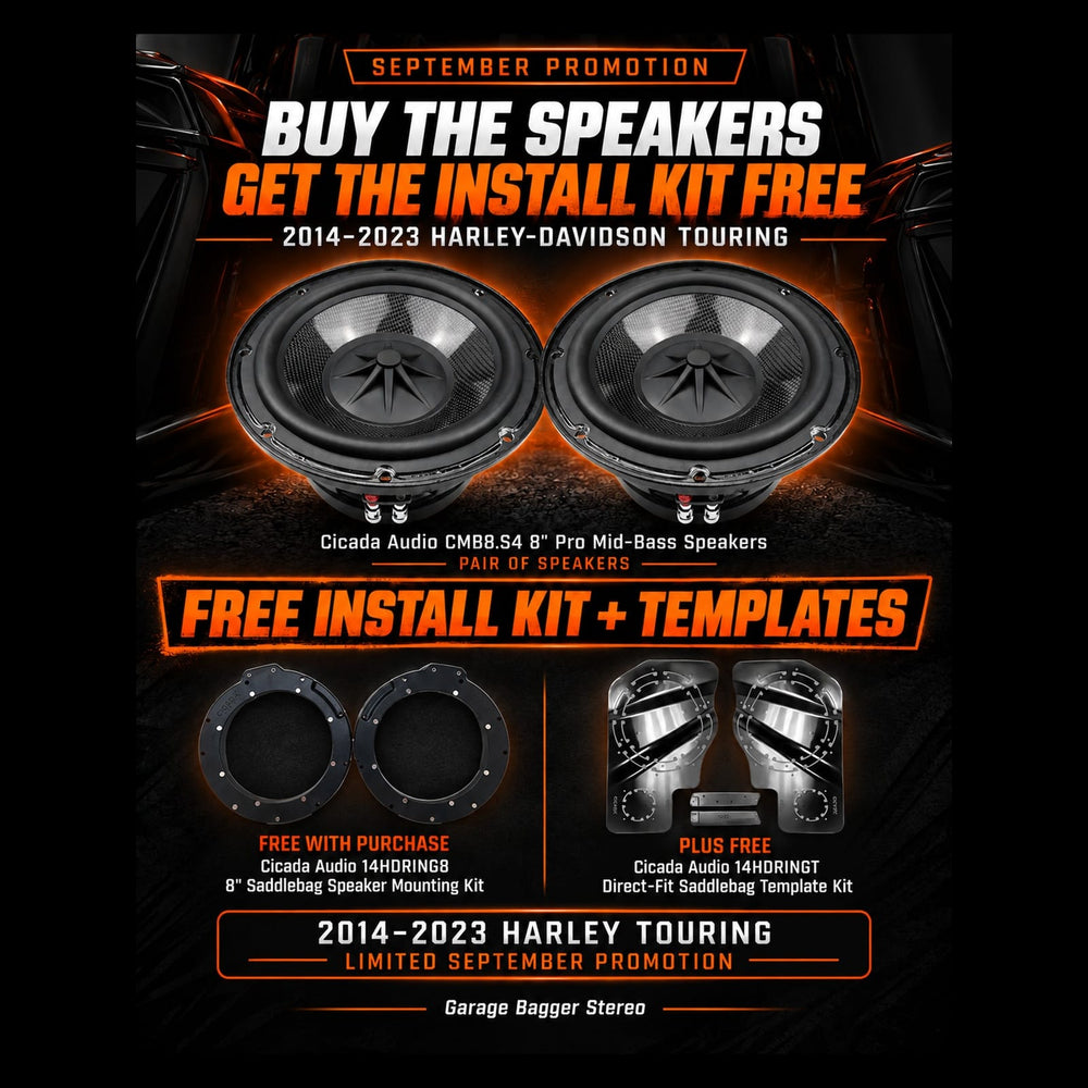 Cicada Audio CMB8.S4 8-inch mid-bass September promotion with free 14HDRING8 saddlebag mounting kit and 14HDRINGT templates for 2014-2023 Harley Touring