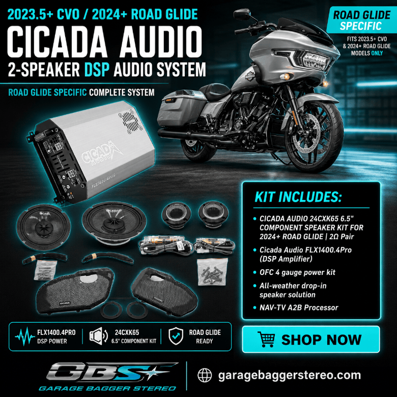 Cicada Road Glide 2-speaker DSP audio system with 24CXK65.2RG component speakers, FLX1400.4PRO amplifier and NAV-TV ZEN-H A2B integration