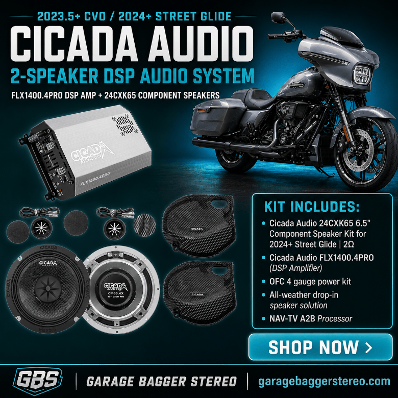 Cicada Street Glide 2-speaker DSP audio system with 24CXK65.2SG component speakers, FLX1400.4PRO amplifier and NAV-TV ZEN-H A2B integration