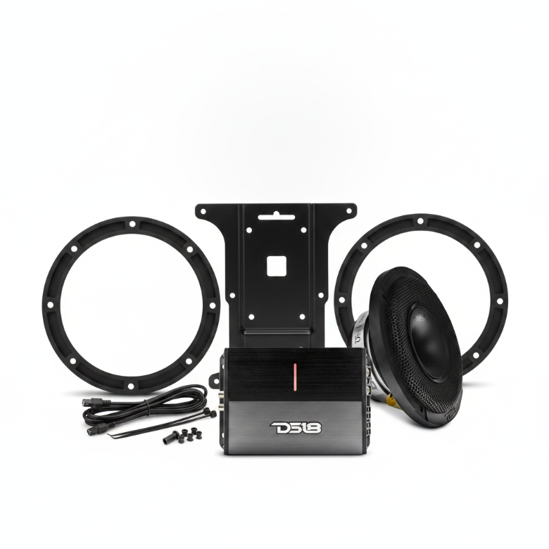 DS18 ION1600.4D amplifier, PRO-HY6.4MSL front speaker, spacers, wiring and mounting rack for 2014-2023 Harley-Davidson Road Glide