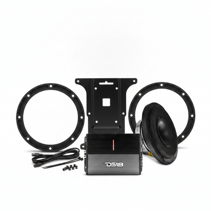 DS18 ION1600.4D amplifier, PRO-HY6.4MSL front speaker, spacers, wiring and mounting rack for 2014-2023 Harley-Davidson Road Glide