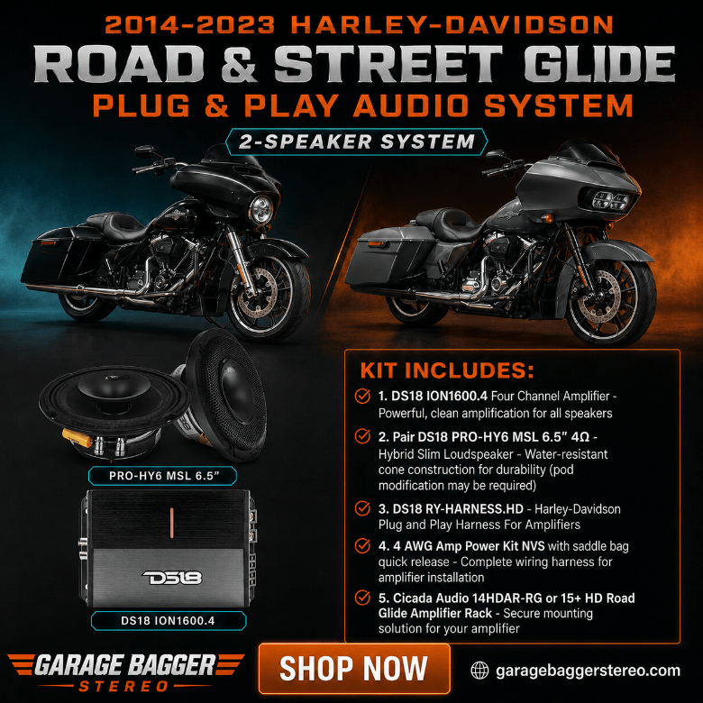 DS18 two-speaker front-stage audio kit with ION1600.4D amplifier and PRO-HY6.4MSL speakers for 2014-2023 Harley-Davidson Road Glide and Street Glide