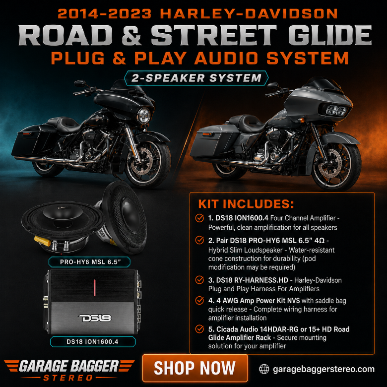 DS18 two-speaker front-stage audio kit with ION1600.4D amplifier and PRO-HY6.4MSL speakers for 2014-2023 Harley-Davidson Road Glide and Street Glide