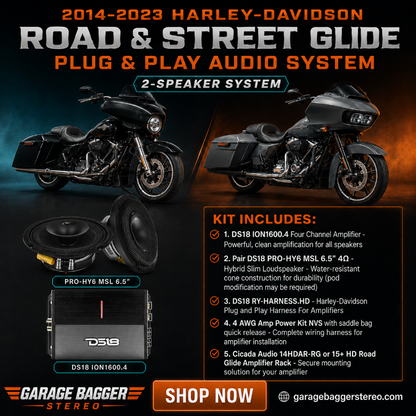 DS18 two-speaker front-stage audio kit with ION1600.4D amplifier and PRO-HY6.4MSL speakers for 2014-2023 Harley-Davidson Road Glide and Street Glide