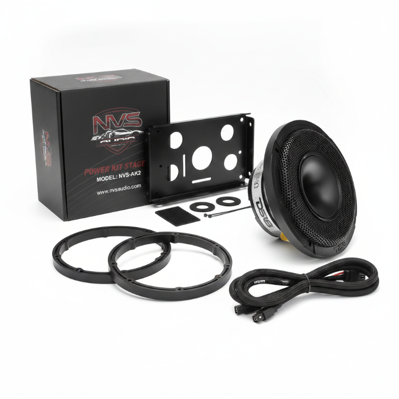 DS18 PRO-HY6.4MSL front speaker, NVS AK2 wiring, spacers and amplifier mounting hardware for 2014-2023 Harley-Davidson Street Glide