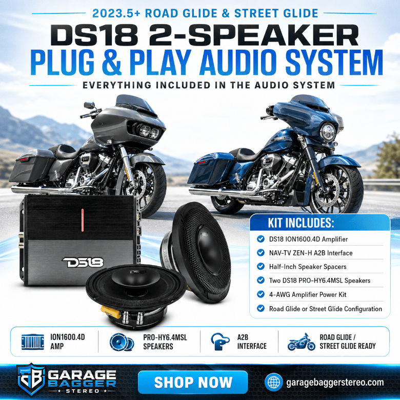 DS18 2-speaker plug-and-play audio system with ION1600.4D amplifier, PRO-HY6.4MSL speakers and A2B interface for 2023.5+ Harley Road Glide and Street Glide