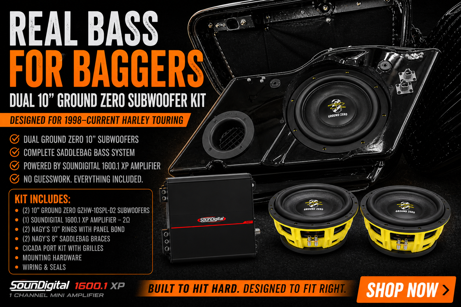 Ground Zero 10 inch Harley Touring subwoofer kit with Soundigital 1600.1 XP amplifier