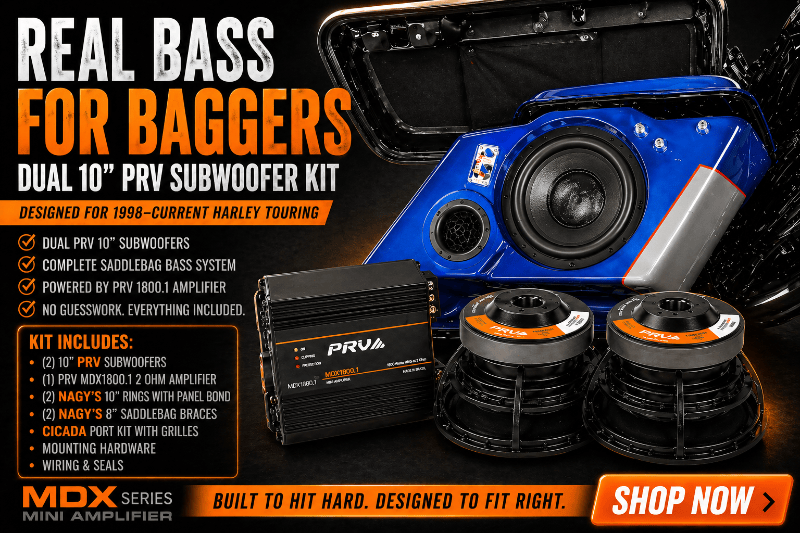 PRV Audio 10 inch shallow subwoofer kit for 1998-current Harley Touring with amplifier, rings, braces, port kit, and wiring