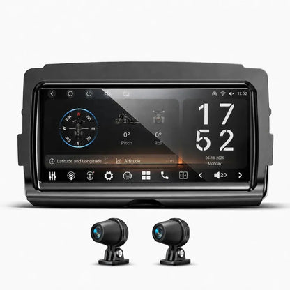 Front view of the Vinland Rebel RBHT14 8.25-inch Harley-Davidson Touring head unit with front and rear cameras