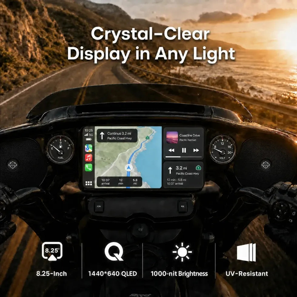 Vinland Rebel RBHT14 8.25-inch QLED display with 1440 by 640 resolution, 1000-nit brightness and UV-resistant construction