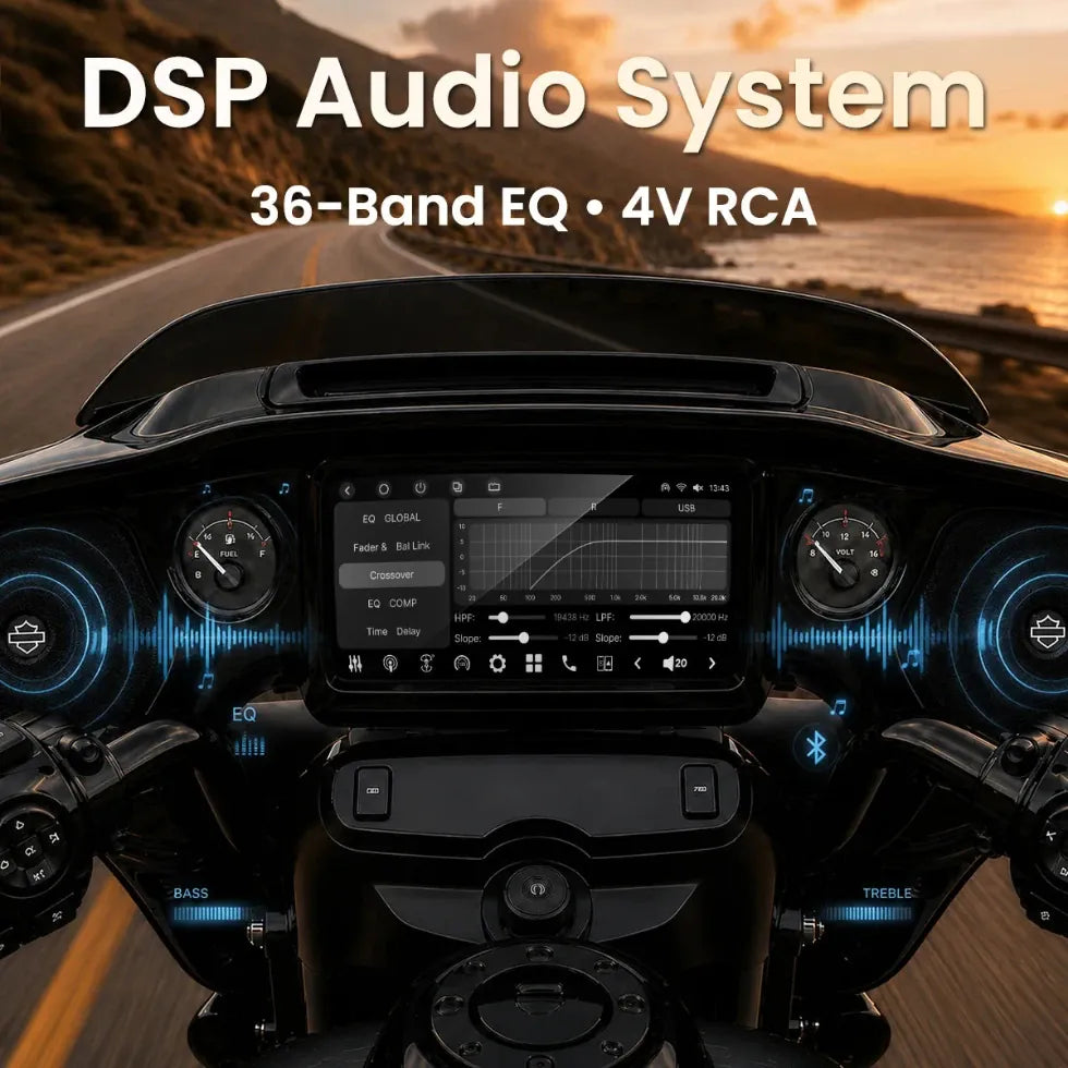 Vinland Rebel RBHT14 built-in DSP audio system with 36-band equalizer and 4-volt RCA outputs for Harley-Davidson Touring audio upgrades