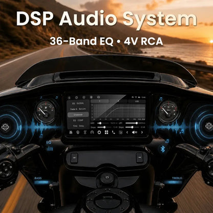 Vinland Rebel RBHT14 built-in DSP audio system with 36-band equalizer and 4-volt RCA outputs for Harley-Davidson Touring audio upgrades