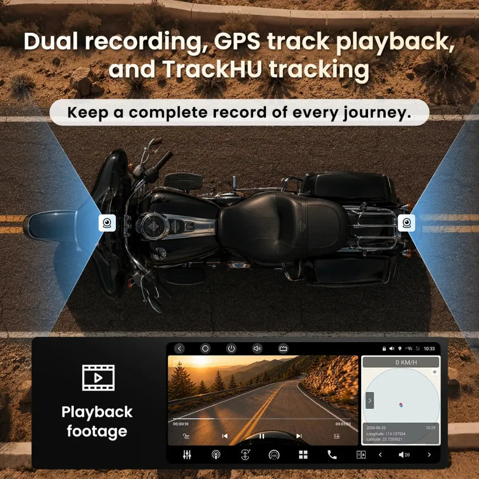 Vinland Rebel RBHT14 dual-camera recording system with GPS track playback and TrackHU journey tracking for Harley-Davidson motorcycles