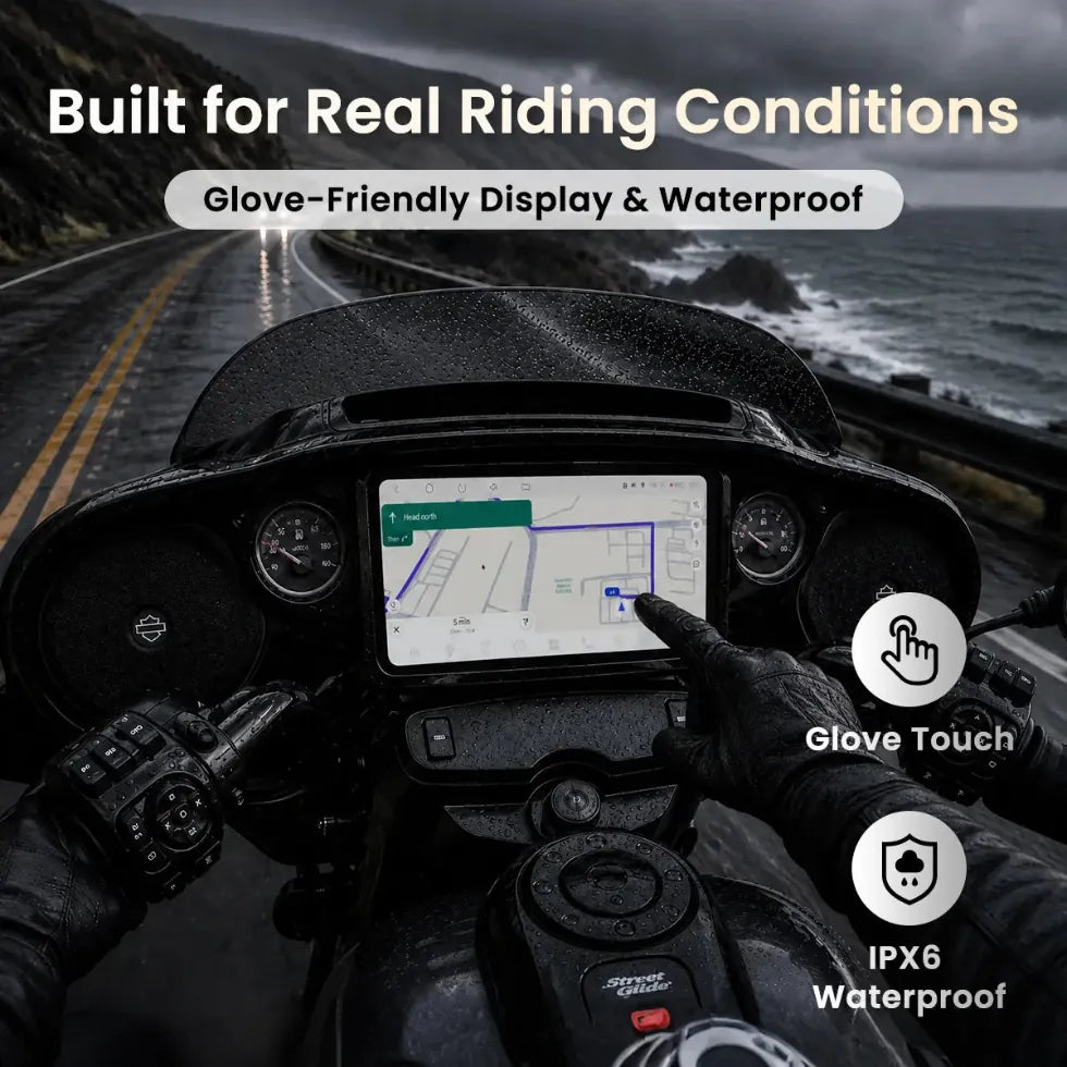 Vinland Rebel RBHT14 glove-friendly touchscreen and IPX6 waterproof display installed in a Harley-Davidson Street Glide