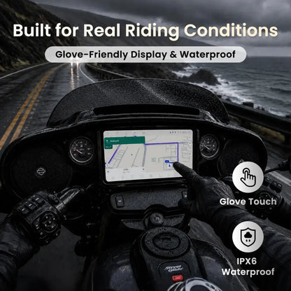 Vinland Rebel RBHT14 glove-friendly touchscreen and IPX6 waterproof display installed in a Harley-Davidson Street Glide