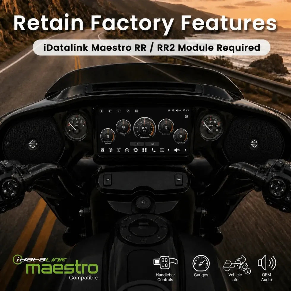 Vinland Rebel RBHT14 retaining Harley handlebar controls, gauges, vehicle information and OEM audio with an iDatalink Maestro RR or RR2 module