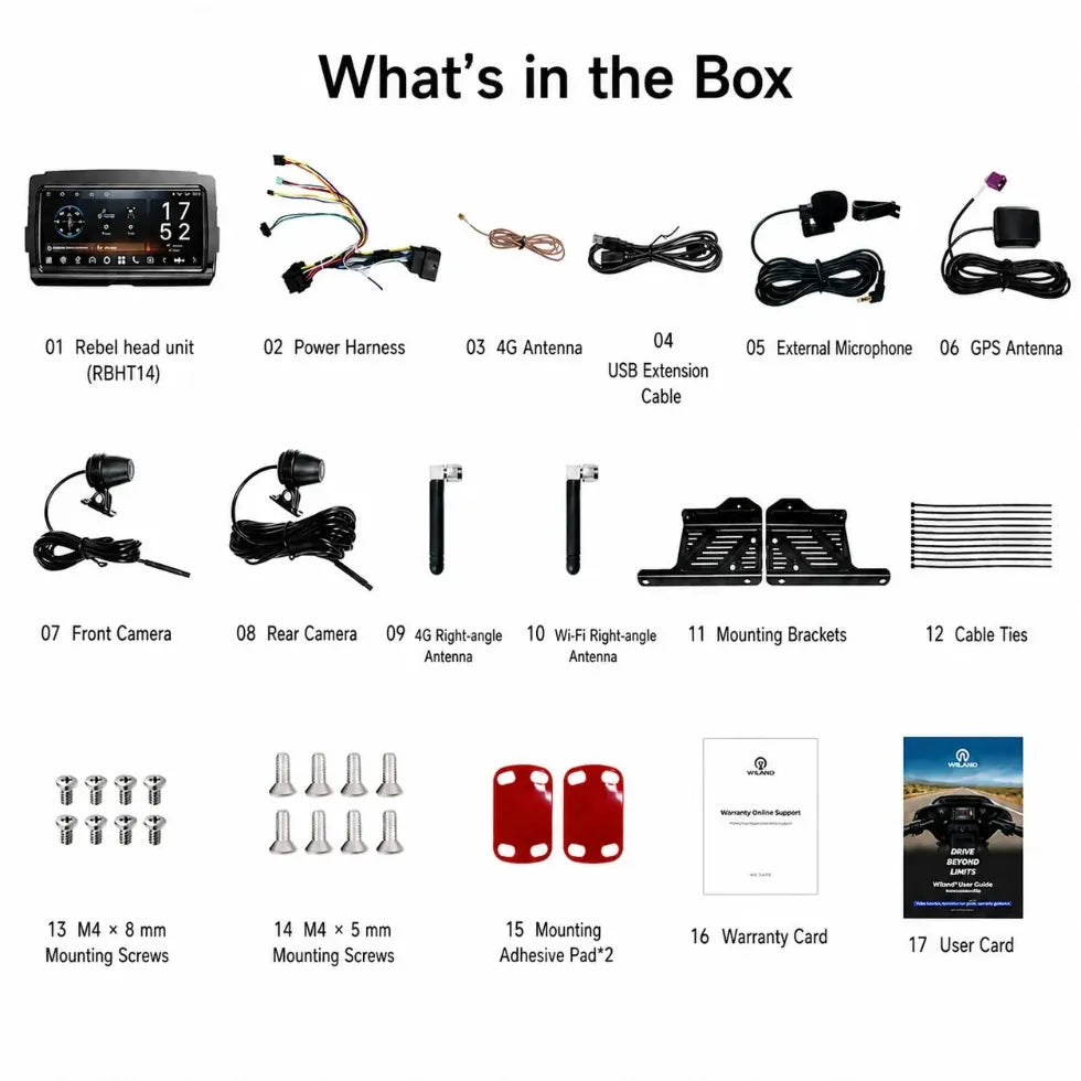 Vinland Rebel RBHT14 package contents including head unit, wiring harness, antennas, microphone, dual cameras, mounting brackets and installation hardware