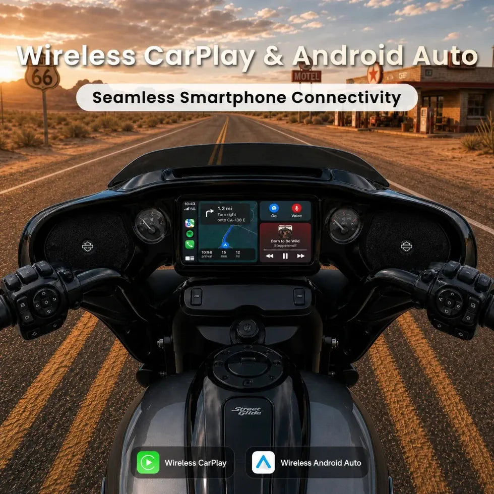 Vinland Rebel RBHT14 head unit with wireless Apple CarPlay and Android Auto displayed on a Harley-Davidson Street Glide
