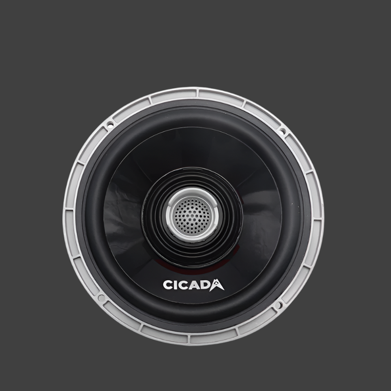 Front view of Cicada Audio CX65 6.5 inch coaxial speaker for Harley motorcycle audio upgrades
